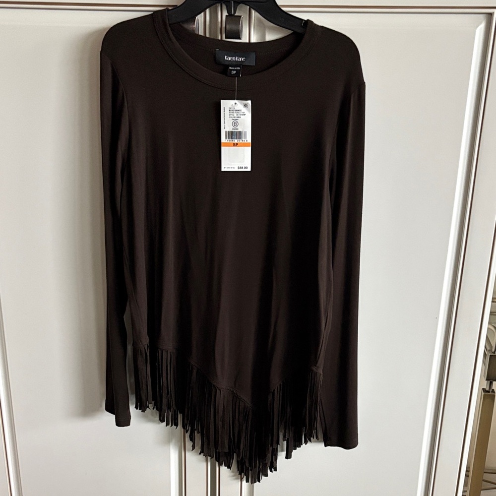 NWT Karen Kane Small Petite Dark Brown Fringe Long Sleeve Top